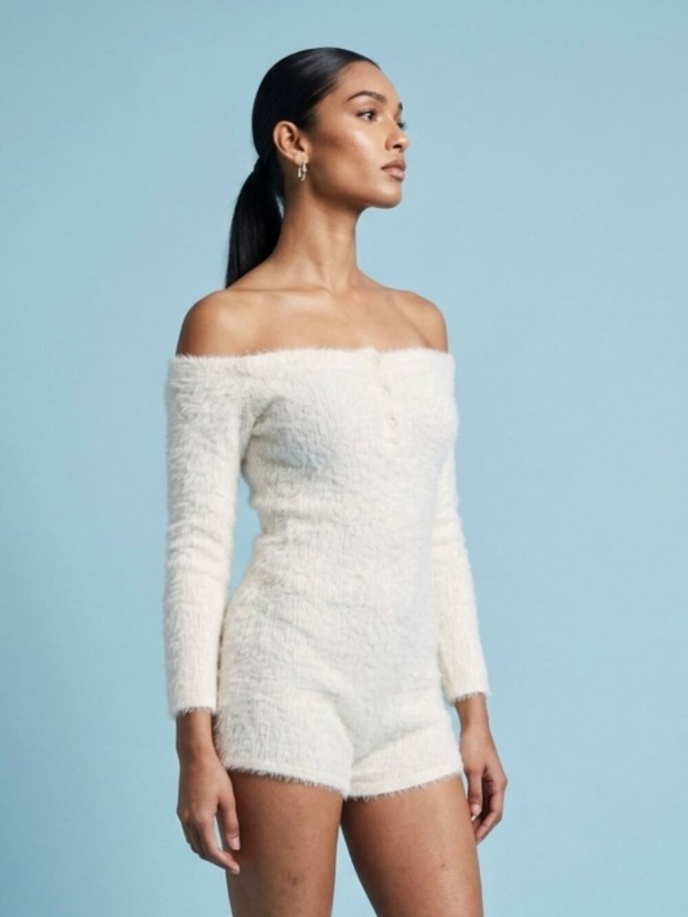 FASHION NOVA Cream Eyelash Knit Off-Shoulder Long Sleeve Romper Sz XL